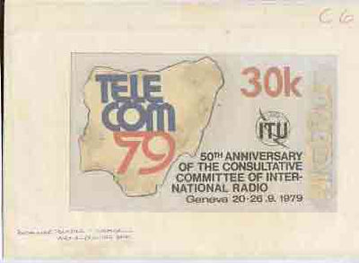 Nigeria 1979 International Radio Committee - original hand-painted artwork for 30k value (TeleCom 79 symbol & Map) by Olajide I Oshiga on card 8.5