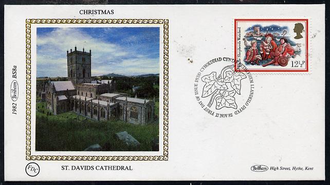 Great Britain 1982 Christmas 12.5p (While Shepherds Watched) on Benham small silk cover (St David's Cathedral) with special first day cancel