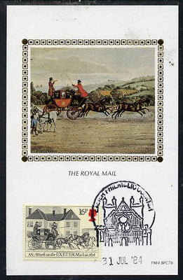 Great Britain 1984 First Mail Coach Run 16p (Exeter Mail) on Benham silk picture card with special first day cancel