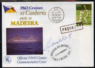 Great Britain 1981 P&O SS Canberra Cruise cover bearing Cricket 17.5p stamp cancelled PAQUEBOT and signed by Harry Worth