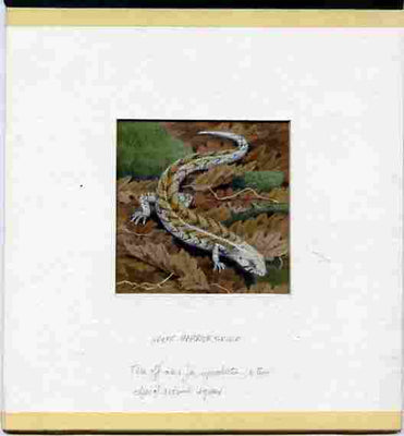 New Zealand 1984 Amphibians & Reptiles - original hand-painted artwork showing Otago Skink, as used to illustrate Benham silk first day cover (58c value), mounted on board 3.25