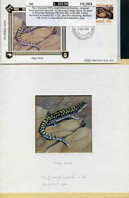 New Zealand 1984 Amphibians & Reptiles - original hand-painted artwork showing Great Barrier Skink, as used to illustrate Benham silk first day cover (24c value), mounted on board 3.25