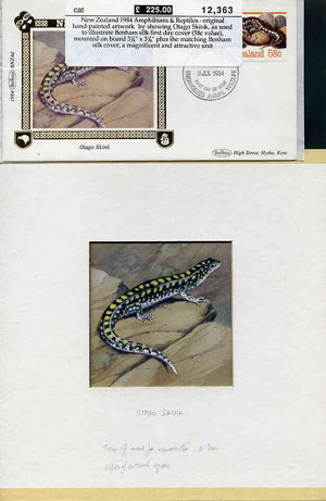 New Zealand 1984 Amphibians & Reptiles - original hand-painted artwork showing Great Barrier Skink, as used to illustrate Benham silk first day cover (24c value), mounted on board 3.25" x 3.25" plus the matching Benham silk cover,……Details Below