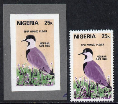 Nigeria 1984 Rare Birds 25k (Spur Winged Plover) imperf machine proof as issued stamp mounted on grey card plus issued stamp