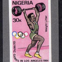 Nigeria 1984 Los Angeles Olympic Games 30k (Weight Lifting) imperf machine proof as issued stamp mounted on grey card