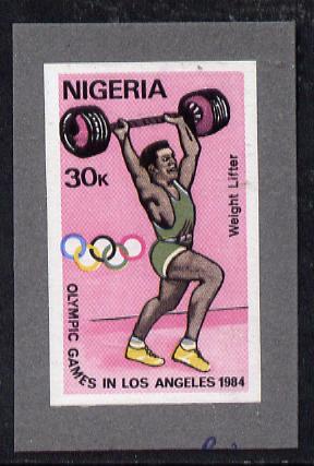 Nigeria 1984 Los Angeles Olympic Games 30k (Weight Lifting) imperf machine proof as issued stamp mounted on grey card