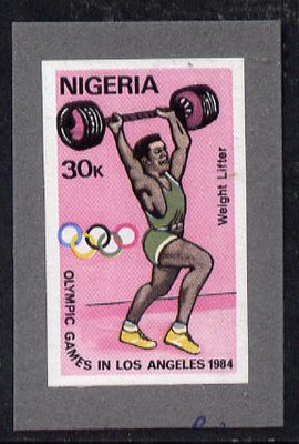 Nigeria 1984 Los Angeles Olympic Games 30k (Weight Lifting) imperf machine proof as issued stamp mounted on grey card