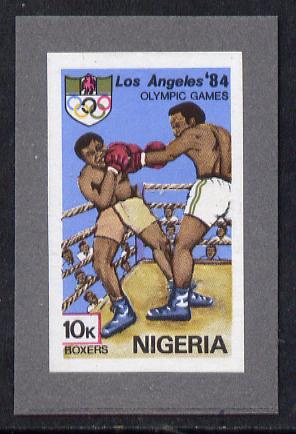 Nigeria 1984 Los Angeles Olympic Games 10k (Boxers) imperf machine proof as issued stamp mounted on grey card