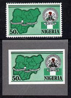 Nigeria 1985 25th Anniversary of Independence 50k (Map of Nigeria) imperf machine proof as issued stamp mounted on grey card plus issued stamp