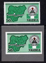 Nigeria 1985 25th Anniversary of Independence 50k (Map of Nigeria) imperf machine proof as issued stamp mounted on grey card plus issued stamp