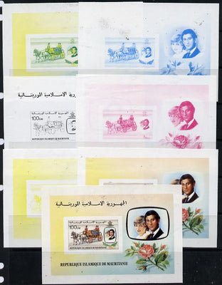 Mauritania 1981 Royal Wedding m/sheet set of 7 imperf progressive colour proofs comprising the 4 individual colours, 2, 3 and all 4 colour composites, slight faults but believed to be an UNIQUE item from the Format archives unmounted mint