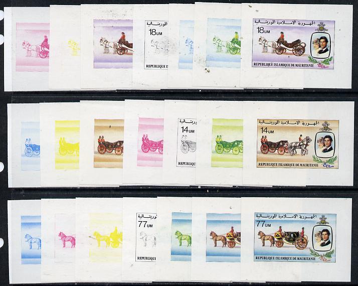 Mauritania 1981 Royal Wedding the set of 3 each x 7 imperf progressive colour proofs comprising the 4 individual colours, 2, 3 and all 4 colour composites, slight,faults but believed to be an UNIQUE item from the Format archives,unmounted mint