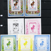 Central African Republic 1981 Royal Wedding m/sheet set of 7 imperf progressive colour proofs comprising the 4 individual colours, 2, 3 and all 4 colour composites, slight,faults but believed to be an UNIQUE item from the Format archives unmounted mint
