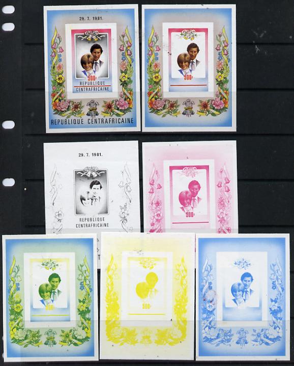 Central African Republic 1981 Royal Wedding m/sheet set of 7 imperf progressive colour proofs comprising the 4 individual colours, 2, 3 and all 4 colour composites, slight,faults but believed to be an UNIQUE item from the Format archives unmounted mint
