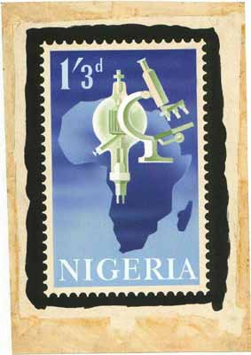 Nigeria 1962 Lagos Conference - original hand-painted artwork (unaccepted) essay for 1s3d value showing Microscope & Map of Africa (probably by M Shamir) 5