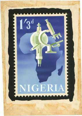 Nigeria 1962 Lagos Conference - original hand-painted artwork (unaccepted) essay for 1s3d value showing Microscope & Map of Africa (probably by M Shamir) 5