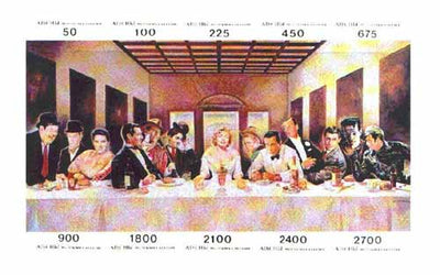 Abkhazia 1995 Anyone For Dinner composite imperf sheetlet of 10 values featuring Laurel & Hardy, Elvis, Clark Gable, John Wayne, Chaplin, Marilyn Monroe, James Dean, Boggart, Fred Astaire, Cary Grant, Frankenstein & Marlon Brando unmounted mint