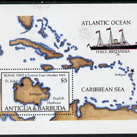 Antigua 1985 Royal Visit m/sheet showing Map & HMY Britannia unmounted mint, SG MS 968