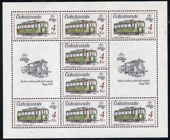 Czechoslovakia 1987 'Praga 88' Stamp Exhibition (2nd Issue) 4k Tram in sheetlet of 8 plus 2 labels unmounted mint, from Communications set of 5 (SG 2883)