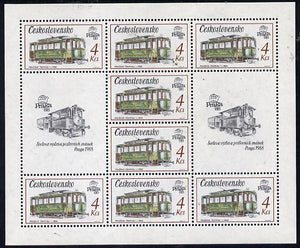 Czechoslovakia 1987 'Praga 88' Stamp Exhibition (2nd Issue) 4k Tram in sheetlet of 8 plus 2 labels unmounted mint, from Communications set of 5 (SG 2883)