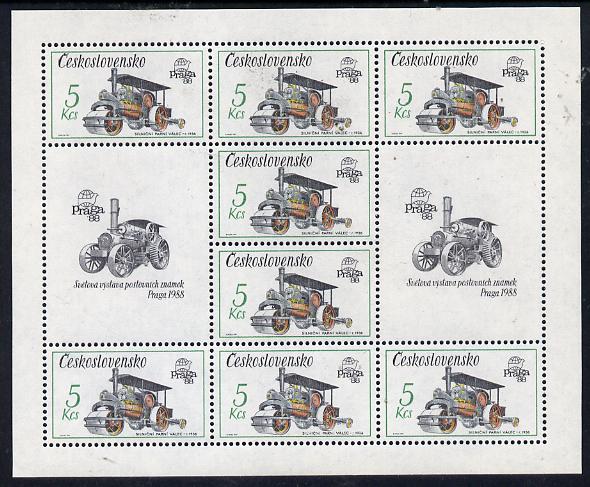 Czechoslovakia 1987 'Praga 88' Stamp Exhibition (2nd Issue) 5k Steam Roller in sheetlet of 8 plus 2 labels unmounted mint, from Communications set of 5 (SG 2884)