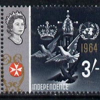 Malta 1965-70 Historical def 3s (Dove & Independence) with fine 2.5mm shift of gold (part of framework through perforations)*