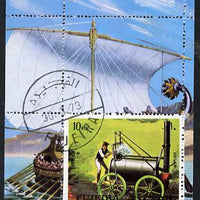 Fujeira 1972 Railway Locomotives perf m/sheet with Egyptian Long Boat,in background, cto used