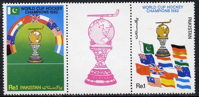 Pakistan 1982 World Cup Hockey Championships set of 2 in se-tenant strip of 3 with label unmounted mint, SG 576-77*