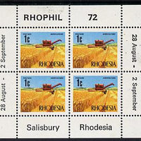 Rhodesia 1972 'Rhophil 72' Stamp Exhibition sheetlet containing 4 x 1c (Wheat) unmounted mint, SG MS 474