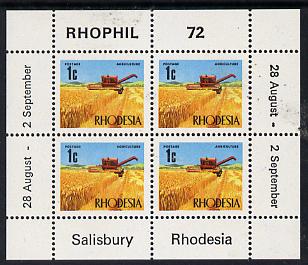 Rhodesia 1972 'Rhophil 72' Stamp Exhibition sheetlet containing 4 x 1c (Wheat) unmounted mint, SG MS 474