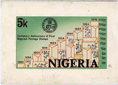 Nigeria 1974 Stamp Centenary - original hand-painted artwork for 5k value (showing graph of mail growth) by NSP&MCo Staff Artist Samuel Eluare on card 8.5" x 5"