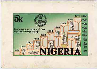 Nigeria 1974 Stamp Centenary - original hand-painted artwork for 5k value (showing graph of mail growth) by NSP&MCo Staff Artist Samuel Eluare on card 8.5