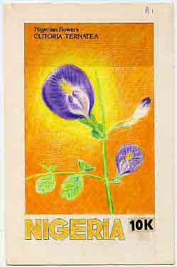 Nigeria 1987 Flowers - original hand-painted artwork for 10k value (Clitoria Ternatea) by Francis Isibor on card 5
