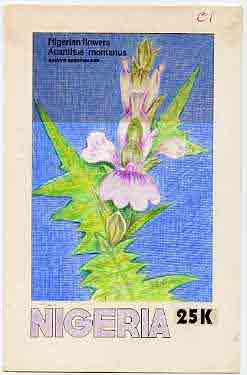 Nigeria 1987 Flowers - original hand-painted artwork for 25k value (Acanthus) by Francis Isibor on card 5" x 8.5" endorsed C1