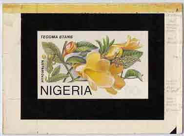 Nigeria 1986 Nigerian Life (?) - original hand-painted artwork showing Tecoma Stans (Flower) by NSP&MCo artist (possibly intended for the definitive issue) on board 6" x 4" with various pencil notations