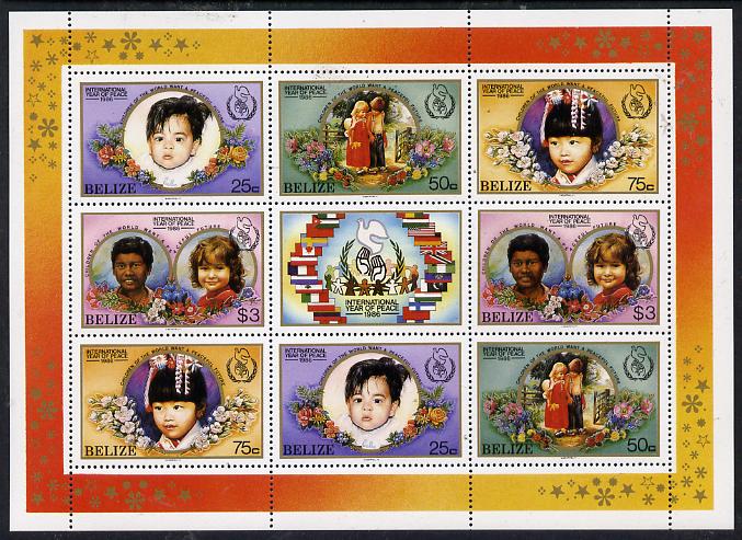 Belize 1986 International Peace Year perf sheetlet containing 2 sets of 4 plus label unmounted mint SG 957-60
