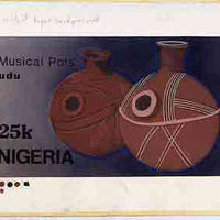 Nigeria 1990 Pottery - original hand-painted artwork for 25k value (Musical Pot) by Hilda Woods similar to issued stamp on card 8.5" x 5" endorsed C5