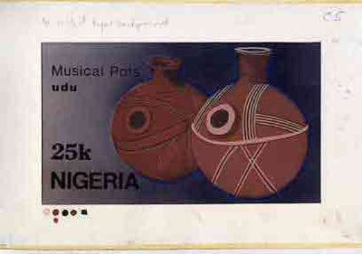 Nigeria 1990 Pottery - original hand-painted artwork for 25k value (Musical Pot) by Hilda Woods similar to issued stamp on card 8.5