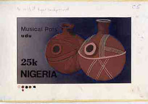 Nigeria 1990 Pottery - original hand-painted artwork for 25k value (Musical Pot) by Hilda Woods similar to issued stamp on card 8.5" x 5" endorsed C5