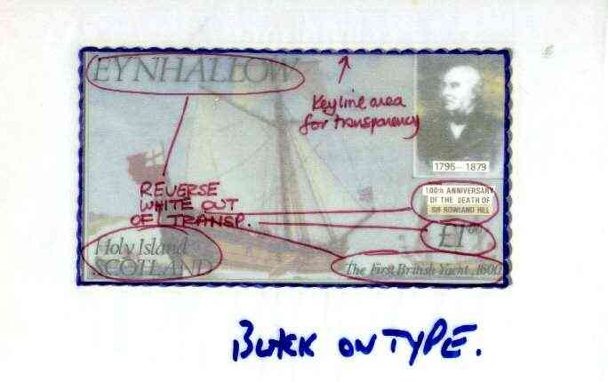 Eynhallow 1979 Rowland Hill (The First British Yacht) - Original artwork for souvenir sheet (£1 value) comprising coloured illustration on board (165 mm x 90 mm) with overlay, plus issued label