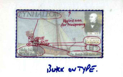 Eynhallow 1979 Rowland Hill (The First British Yacht) - Original artwork for souvenir sheet (£1 value) comprising coloured illustration on board (165 mm x 90 mm) with overlay, plus issued label