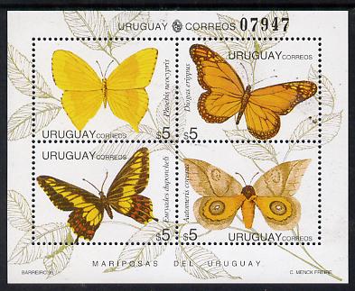 Uruguay 1995 Butterflies sheetlet containing set of 4 x $5 values unmounted mint