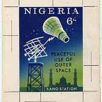 Nigeria 1963 Peaceful Use of Outer Space - original hand-painted artwork for issued 6d value (Mercury Capsule & Kano) by R Hegeman on board 4" x 5.5"