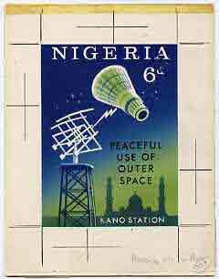 Nigeria 1963 Peaceful Use of Outer Space - original hand-painted artwork for issued 6d value (Mercury Capsule & Kano) by R Hegeman on board 4