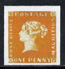 Mauritius 1847 Post Office 1d orange-red,'Maryland' imperforate forgery on gummed paper as SG1.,The word Forgery is printed on the back and comes on a presentation card with descriptive notes.,It is generally believed that fifteen……Details Below