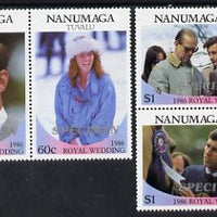 Tuvalu - Nanumaga 1986 Royal Wedding (Andrew & Fergie) set of 4 (2 se-tenant pairs) overprinted SPECIMEN in silver unmounted mint