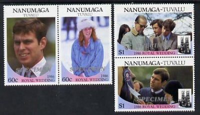 Tuvalu - Nanumaga 1986 Royal Wedding (Andrew & Fergie) set of 4 (2 se-tenant pairs) overprinted SPECIMEN in silver unmounted mint