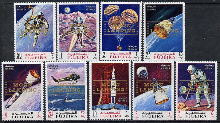 Fujeira 1969 Apollo Space Flights perf set of 9 with Moon Landing opt, Mi A399-407A unmounted mint