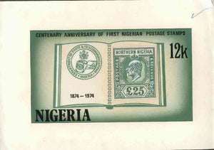 Nigeria 1974 Stamp Centenary - original hand-painted artwork for 12k value (showing £25 stamp of Northern Nigeria) by NSP&MCo Staff Artist Samuel Eluare on card 8.5" x 5", as issued stamp except value and Country are in green