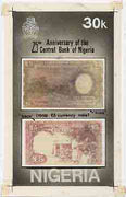 Nigeria 1984 25th Anniversary of Central Bank - original hand-painted composite artwork for 30k value (showing back & front of 1959 £5 note) by Clement O Ogbebor (?) on card 5" x 8.5"